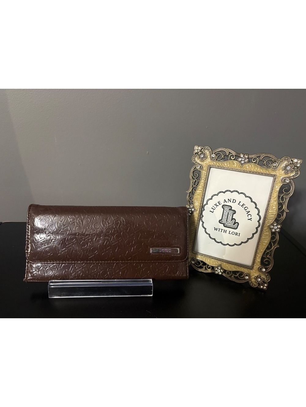 Kenneth Cole Reaction Brown Embossed KC Monogram Patent Trifold Wallet
